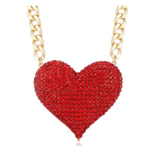 Wellotus Women's Statement Sparkly Heart Necklace Shiny Rhinestone Chunky Chain Necklace Punk Rock Style Costume Jewelry (Red Color)