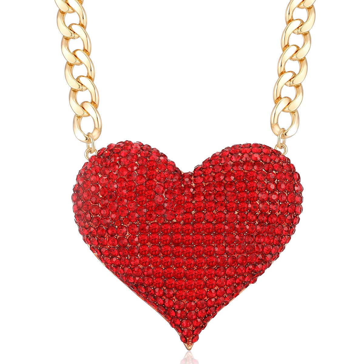 Wellotus Women's Statement Sparkly Heart Necklace Shiny Rhinestone Chunky Chain Necklace Punk Rock Style Costume Jewelry (Red Color)