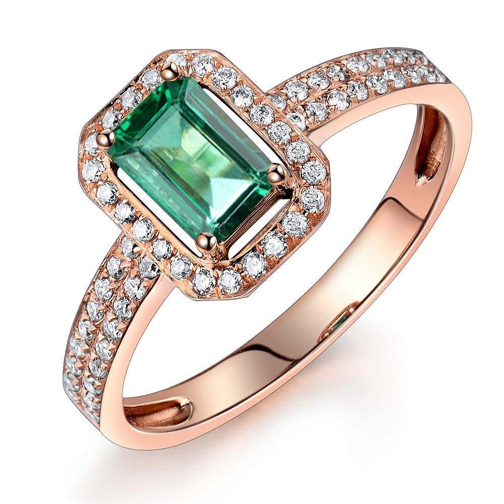 Lanmi Solid 14K Rose Gold Natural Green Emerald Ring Diamonds Engagement Wedding Rings for Ladies Women