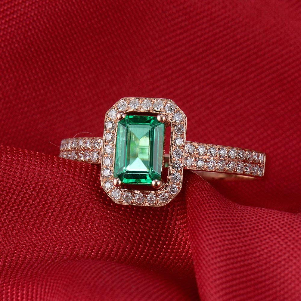 Lanmi Solid 14K Rose Gold Natural Green Emerald Ring Diamonds Engagement Wedding Rings for Ladies Women