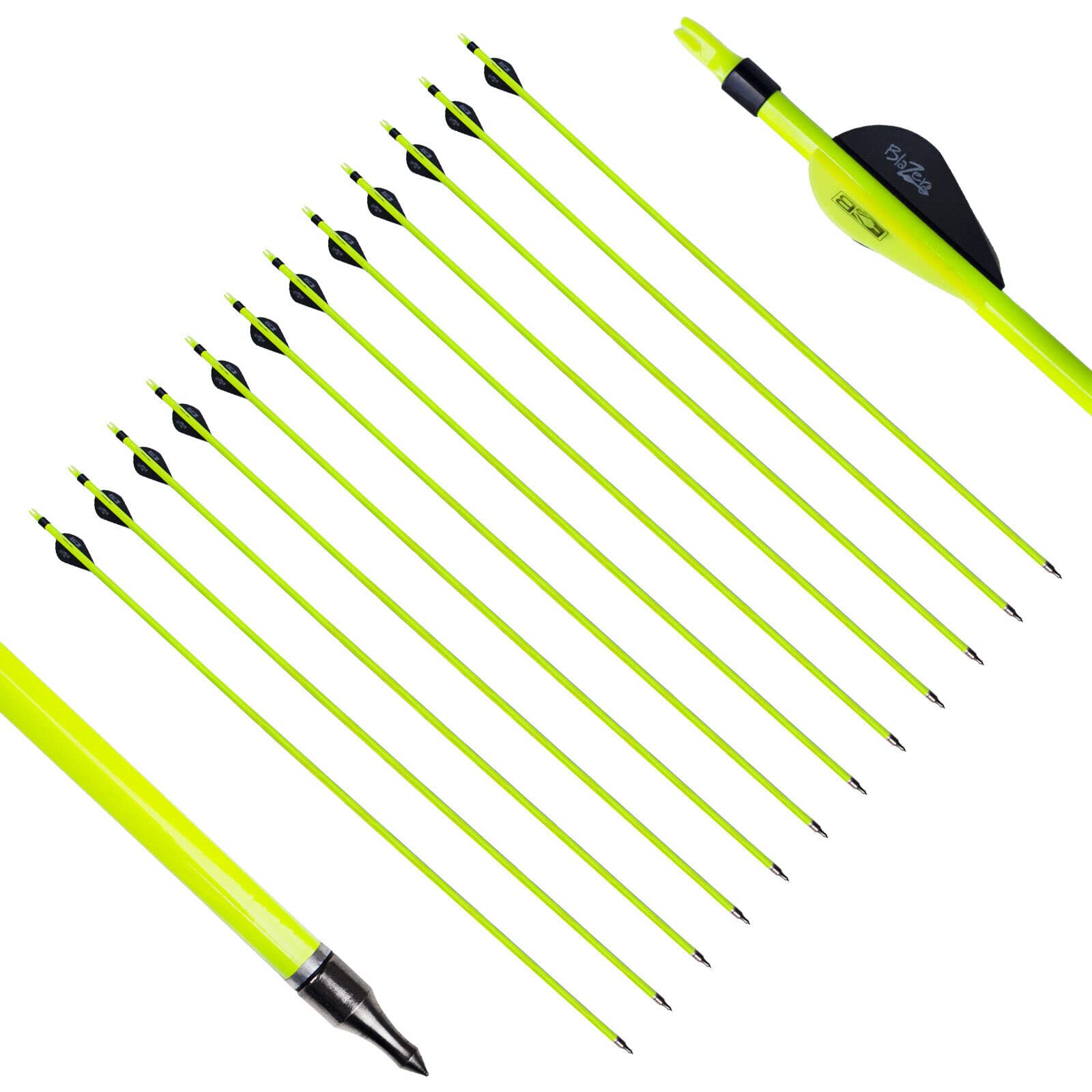 12Pcs 31'' Fluorescent Yellow Pure Carbon Arrows with Replaceable Points for Compound Bow and Recurve Bow Hunting and Target Practice