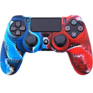 YoRHa Studded Dots Silicone Rubber Gel Customizing Cover for Sony PS4/slim/Pro Dualshock 4 Controller x 1(Camou Red&Blue) with Pro Thumb Grips x 10