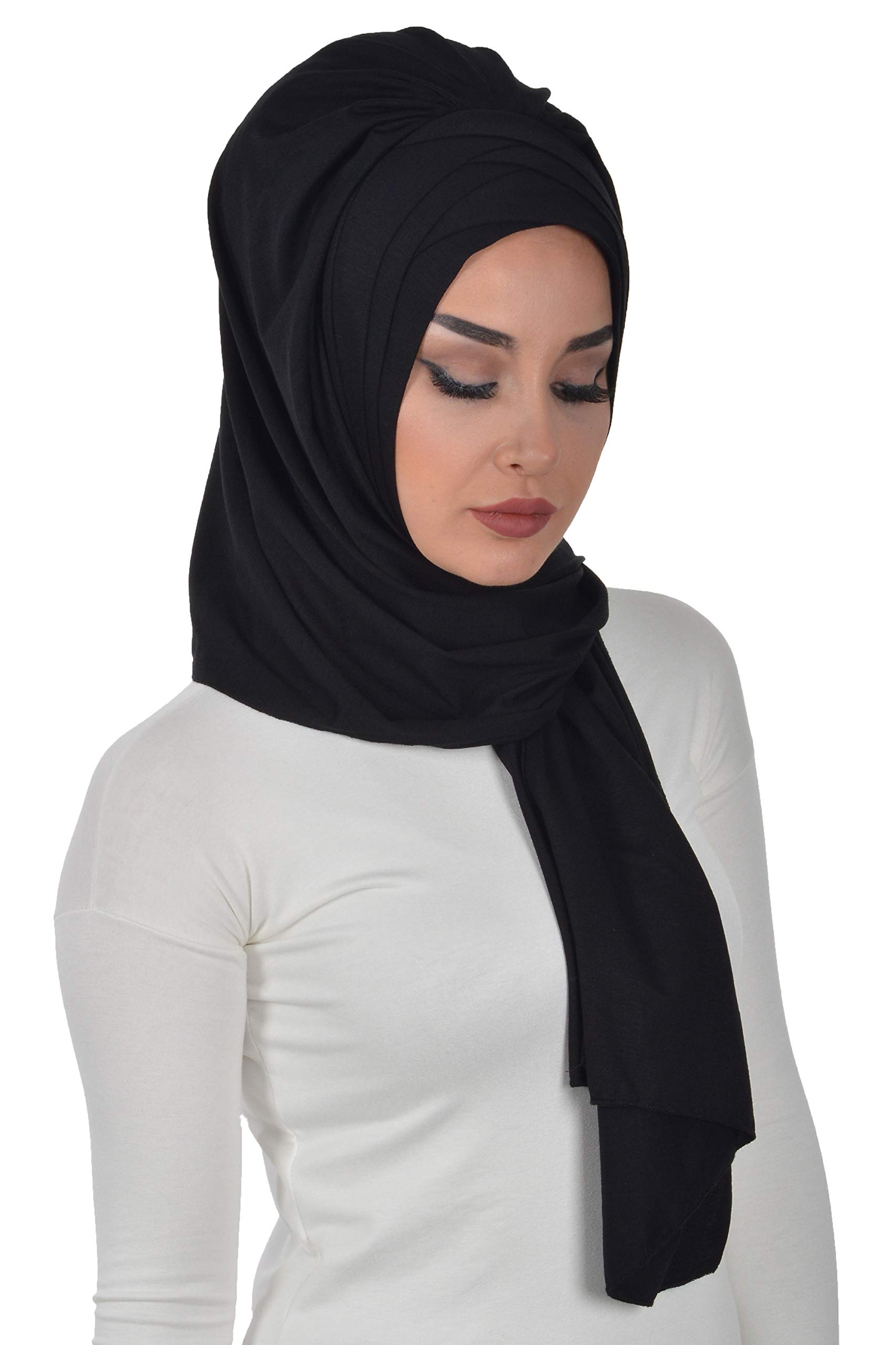 Aisha's Design Instant Hijab for Women Muslim, Presewn 95% Cotton Jersey Turban, Ready to Wear Scarf, Black