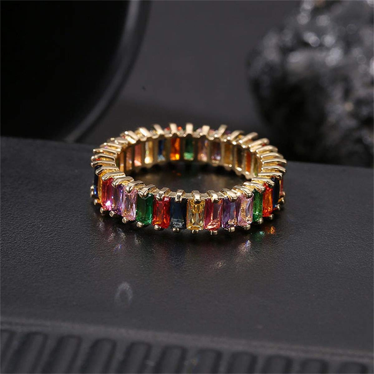 Rainbow Square Baguette Zircon Engagement Ring Colorful Cubic Zirconia Stackable Eternity Band Ring Gold Filled Copper Geometric Thin Line Multicolor Pava CZ Finger Ring for Women Party Jewelry-6