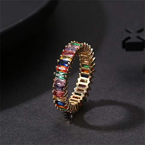 Rainbow Square Baguette Zircon Engagement Ring Colorful Cubic Zirconia Stackable Eternity Band Ring Gold Filled Copper Geometric Thin Line Multicolor Pava CZ Finger Ring for Women Party Jewelry-6