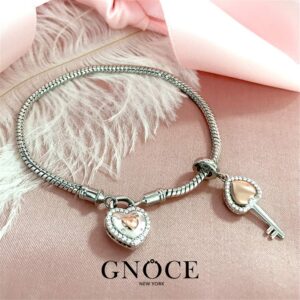 GNOCE Charm Bracelet Sterling Silver DIY Snake Chain Open My Heart Lock Basic Charm Bracelet Bangle with Heart Shaped Lock Clasp (8.7)