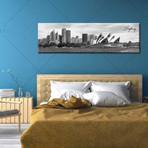 DJSYLIFE Sydney Skyline Wall Art Decor Canvas Print Black and White City Building Landscape Poster Australia Cityscape Modern Artwork Painting for Bedroom Office Home Decoration - 13.8" x 47.3"