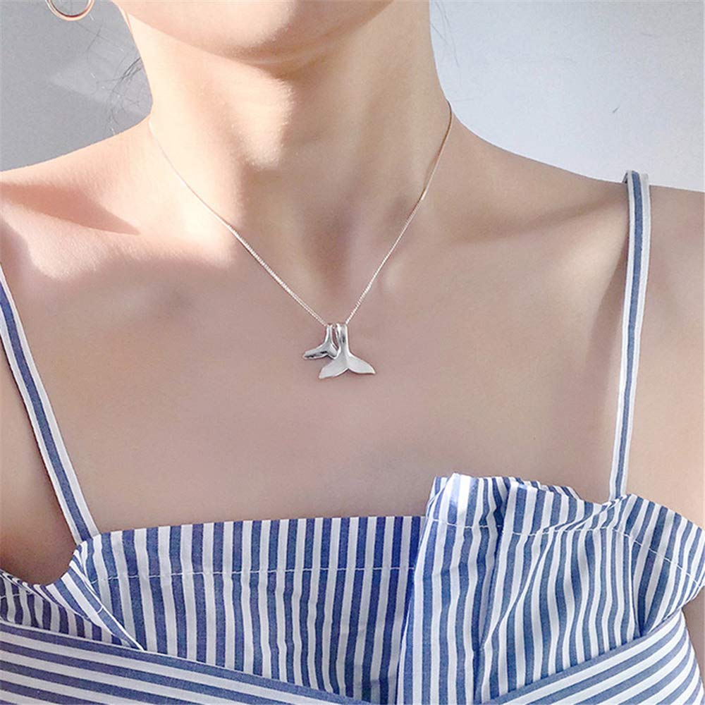 Sterling Silver Necklace with Double Mermaid Tail Pendants for Women Men Delicate Personalized Polished Fish Whale Tail Pendant Dangling 18" Chain Fashion Jewelry