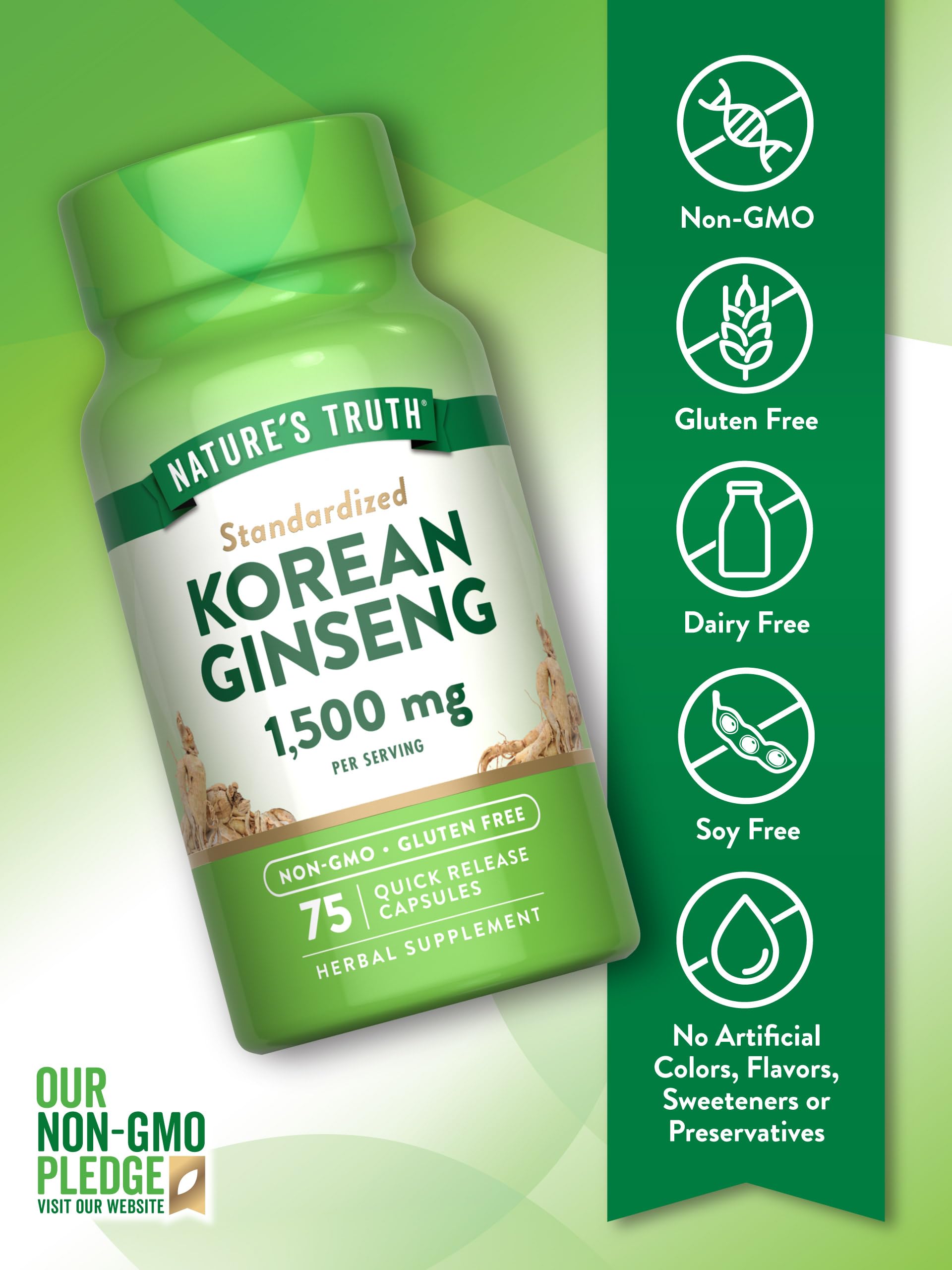 Nature's Truth Korean Ginseng Capsules | 75 Count | Standardized Extract from Ginseng Root | Non-GMO, Gluten Free Supplement