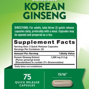 Nature's Truth Korean Ginseng Capsules | 75 Count | Standardized Extract from Ginseng Root | Non-GMO, Gluten Free Supplement