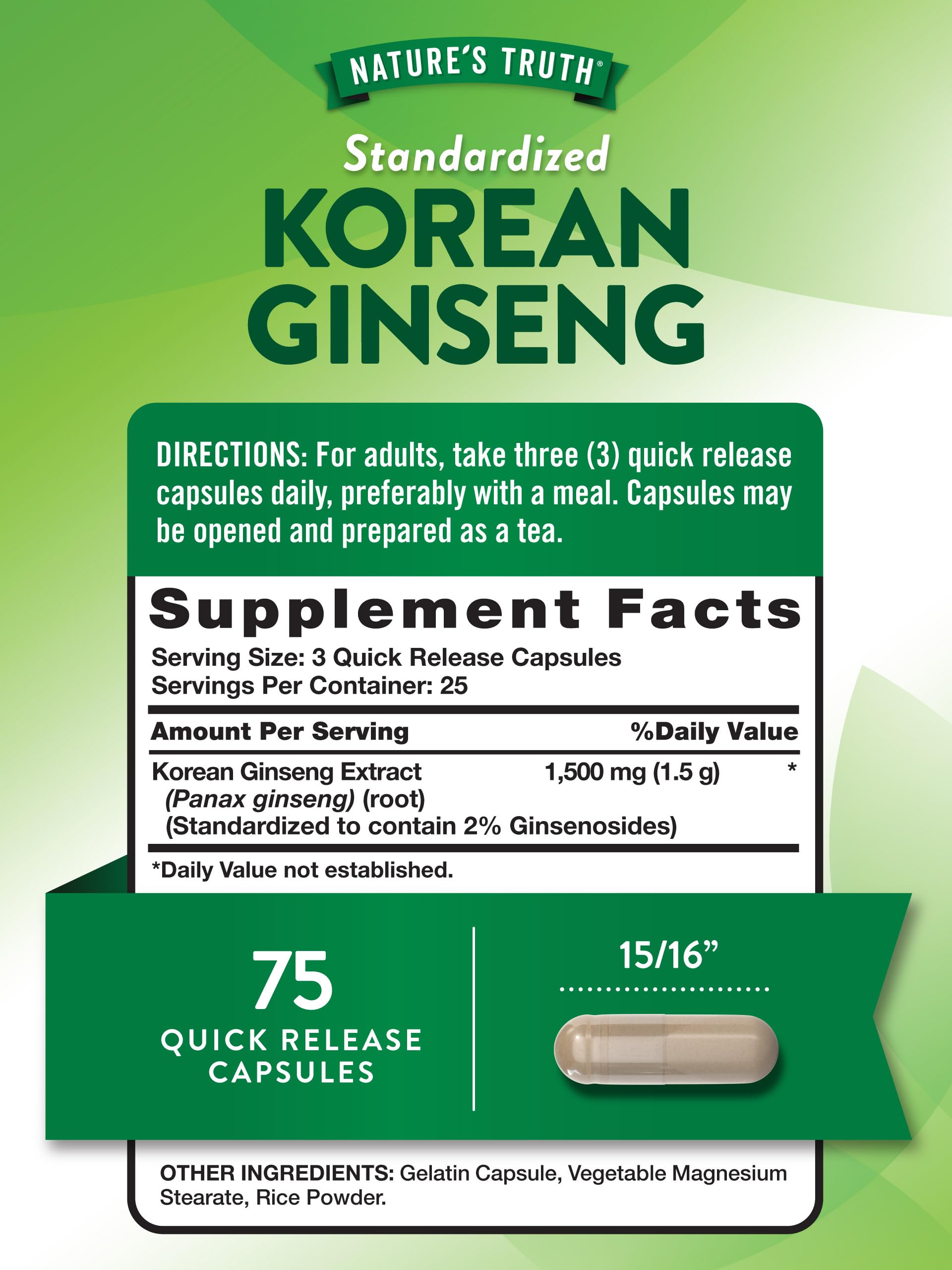 Nature's Truth Korean Ginseng Capsules | 75 Count | Standardized Extract from Ginseng Root | Non-GMO, Gluten Free Supplement