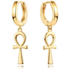 DREMMY STUDIOS Gold Ankh Cross Earrings for Women 14K Gold Plated Ankh Cross Drop Dangle Earrings Egyptian Religious Faith Jewelry for Women Men