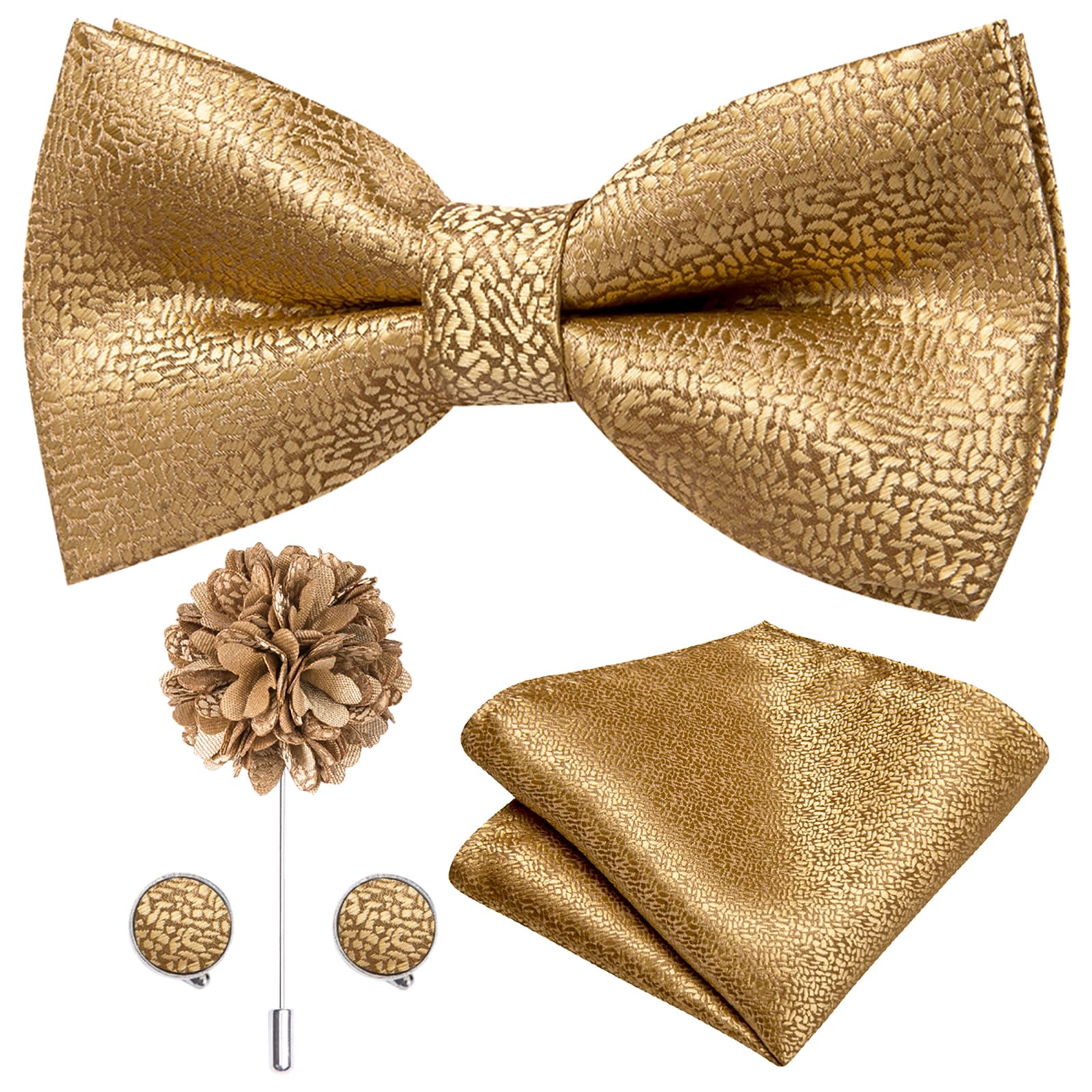 Dubulle Gold Bow Tie Lapel Pin Set for Men Mens Solid Gold Pretied Bowties Handkerchief Cufflinks