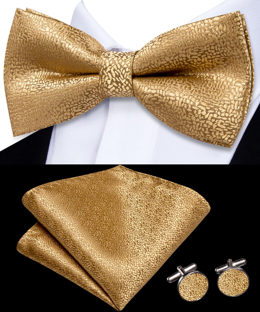 Dubulle Gold Bow Tie Lapel Pin Set for Men Mens Solid Gold Pretied Bowties Handkerchief Cufflinks