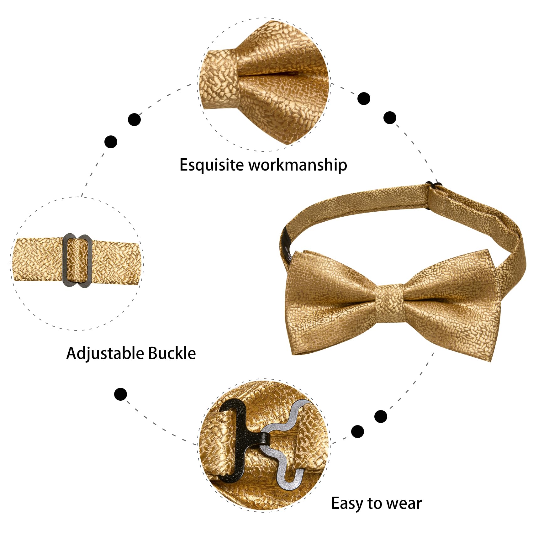 Dubulle Gold Bow Tie Lapel Pin Set for Men Mens Solid Gold Pretied Bowties Handkerchief Cufflinks