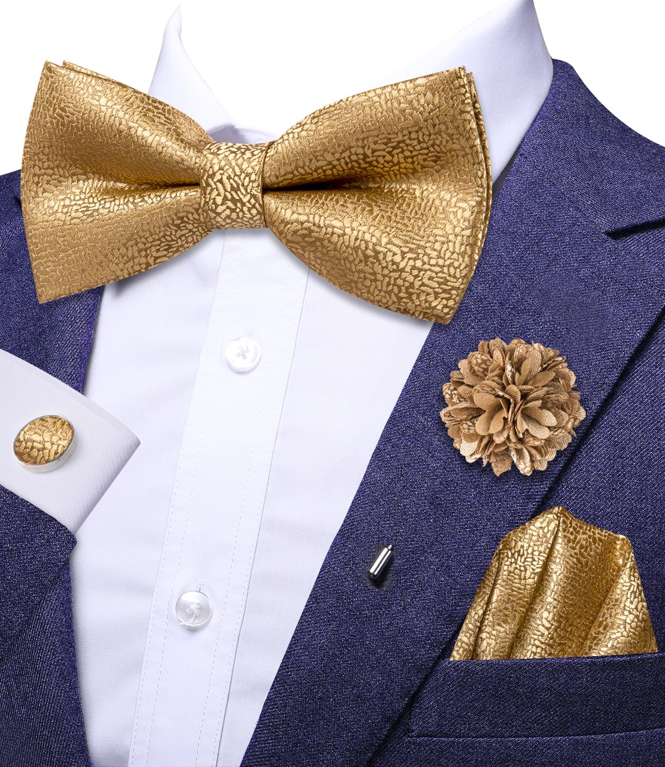 Dubulle Gold Bow Tie Lapel Pin Set for Men Mens Solid Gold Pretied Bowties Handkerchief Cufflinks