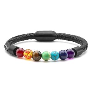 jovivi 7 chakra beads bracelet healing crystals stone energy beads balancing for men women leather cuff bracelets stainless steel buckle