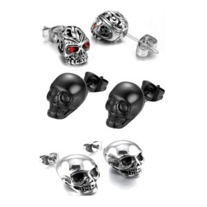 3 Pairs Gothic Skull Earring Studs for Men Women,Hypoallergenic,for Hallloween Party Cosplay