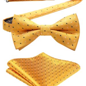 HISDERN Bow Tie for Men Yellow Bowties Polka Dot Pre-Tied Bowtie and Pocket Square Bow Ties Set Formal Tuxedo Handkerchief Bowties for Wedding Party