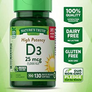 Vitamin D3 1000 IU | 130 Softgels | High Potency D | Non-GMO, Gluten Free, Soy Free | by Nature's Truth