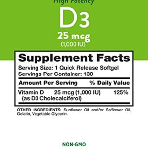 Vitamin D3 1000 IU | 130 Softgels | High Potency D | Non-GMO, Gluten Free, Soy Free | by Nature's Truth