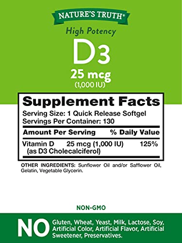 Vitamin D3 1000 IU | 130 Softgels | High Potency D | Non-GMO, Gluten Free, Soy Free | by Nature's Truth