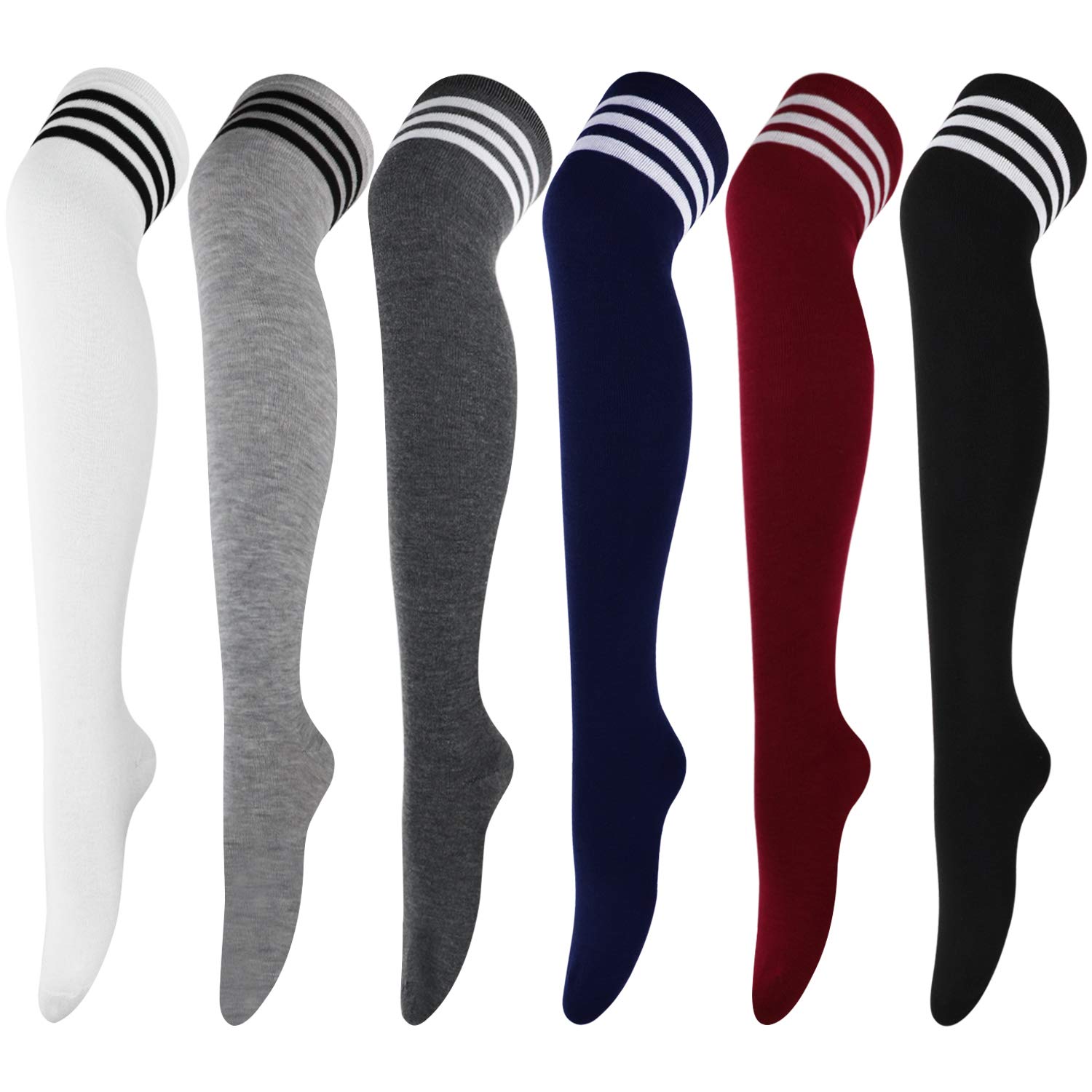 DRESHOW 6 Pairs High Thigh Socks Striped Over Knee Thin Tights Long Stocking for Women Leg Warmer