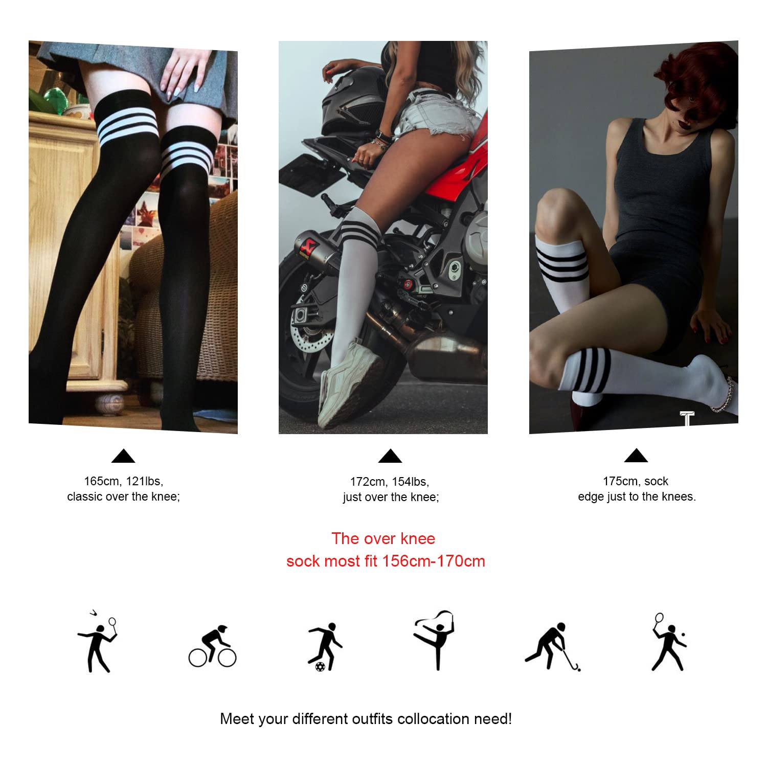 DRESHOW 6 Pairs High Thigh Socks Striped Over Knee Thin Tights Long Stocking for Women Leg Warmer