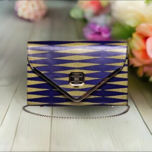 Lizkela Ashanti Leather Clutch: Elegant Embellishments, Secure Turn Lock, Versatile Interior, Chain Strap - Perfect for Any Occasion Ashanti Yellow/Blue