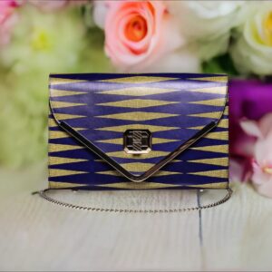 Lizkela Ashanti Leather Clutch: Elegant Embellishments, Secure Turn Lock, Versatile Interior, Chain Strap - Perfect for Any Occasion Ashanti Yellow/Blue