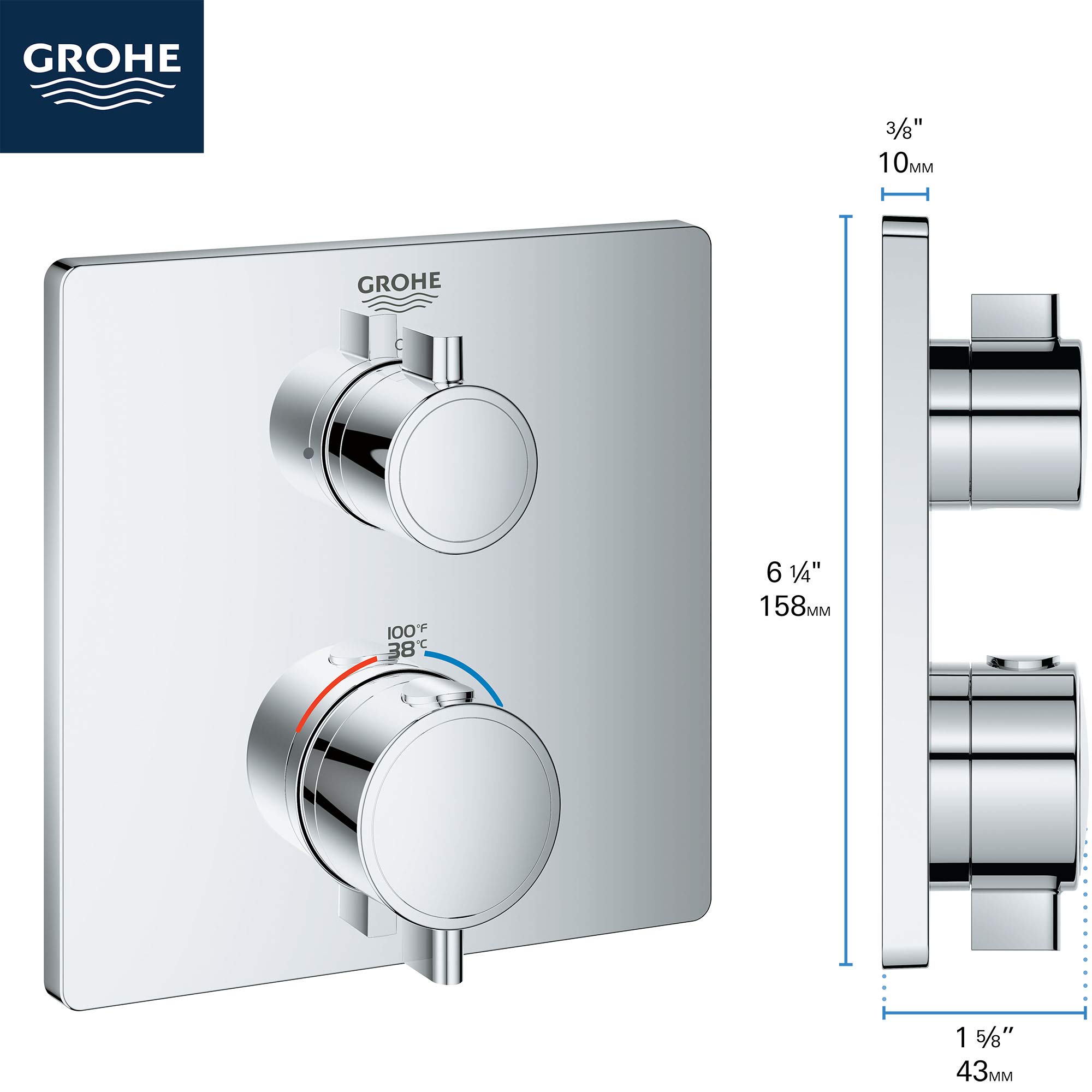 GROHE 24110000 Grohtherm Single Function 2-Handle Thermostatic Trim, Starlight Chrome