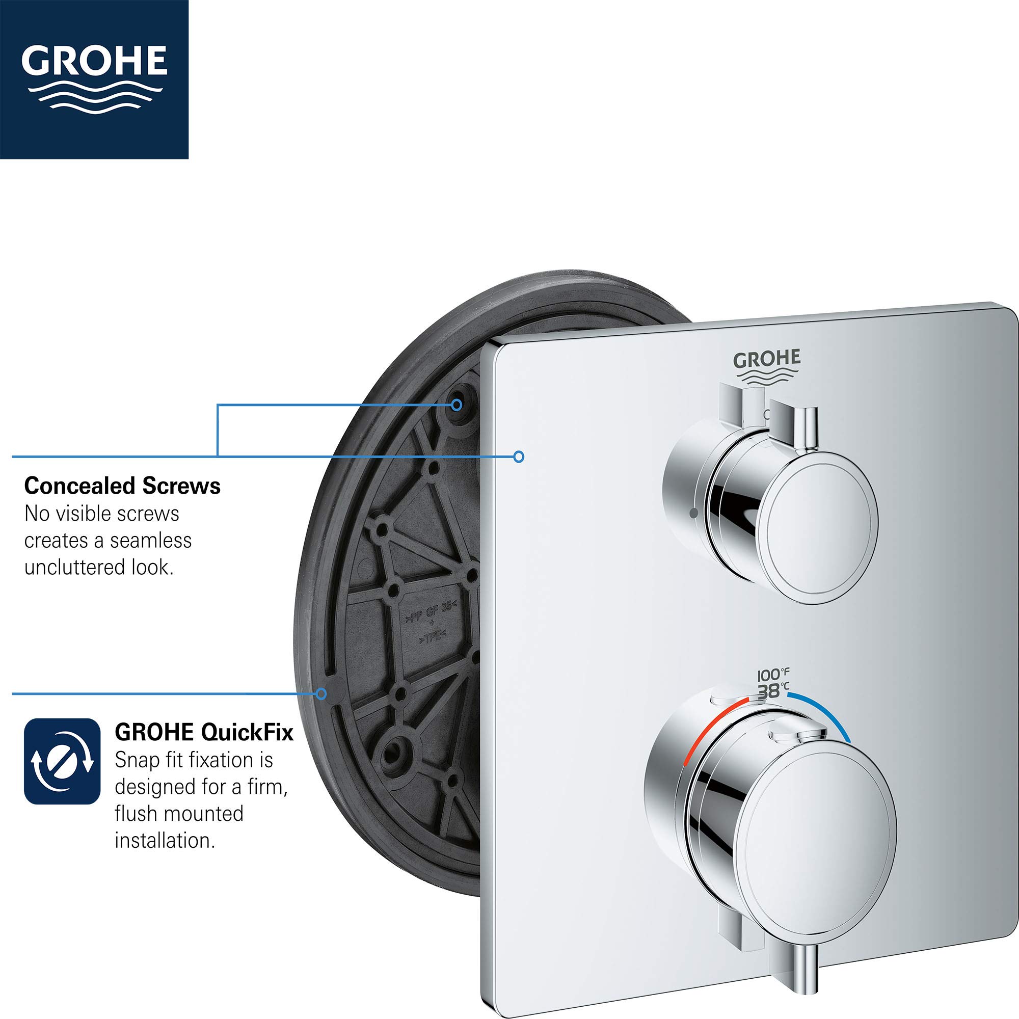 GROHE 24110000 Grohtherm Single Function 2-Handle Thermostatic Trim, Starlight Chrome