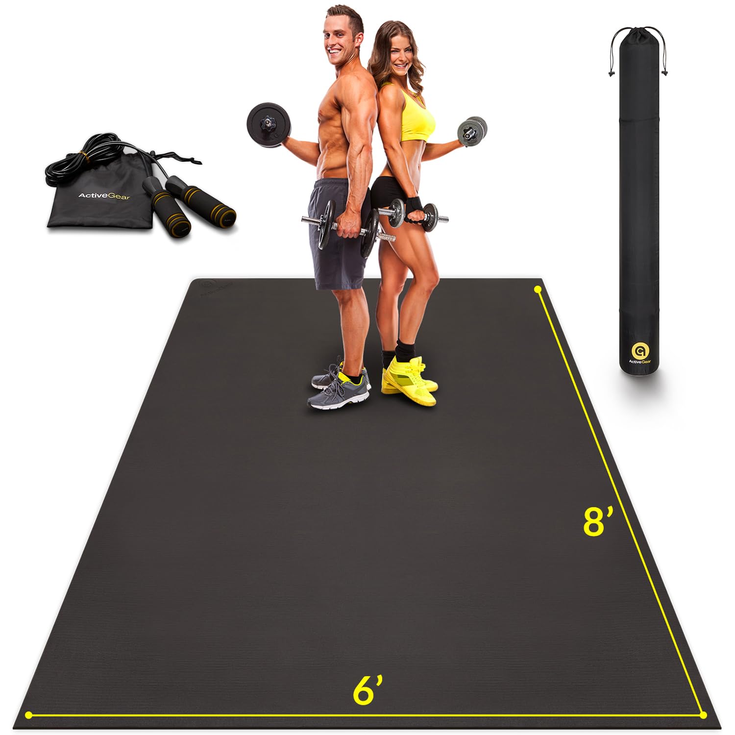 Large Exercise Mat 8' x 6' x 7mm | Ultra-Durable Non-Slip Rubber Workout Mat for Home Gym Flooring | Ideal for Cardio, Fitness, Plyo, MMA and Yoga | Jump Rope and Storage Bag Included - Black