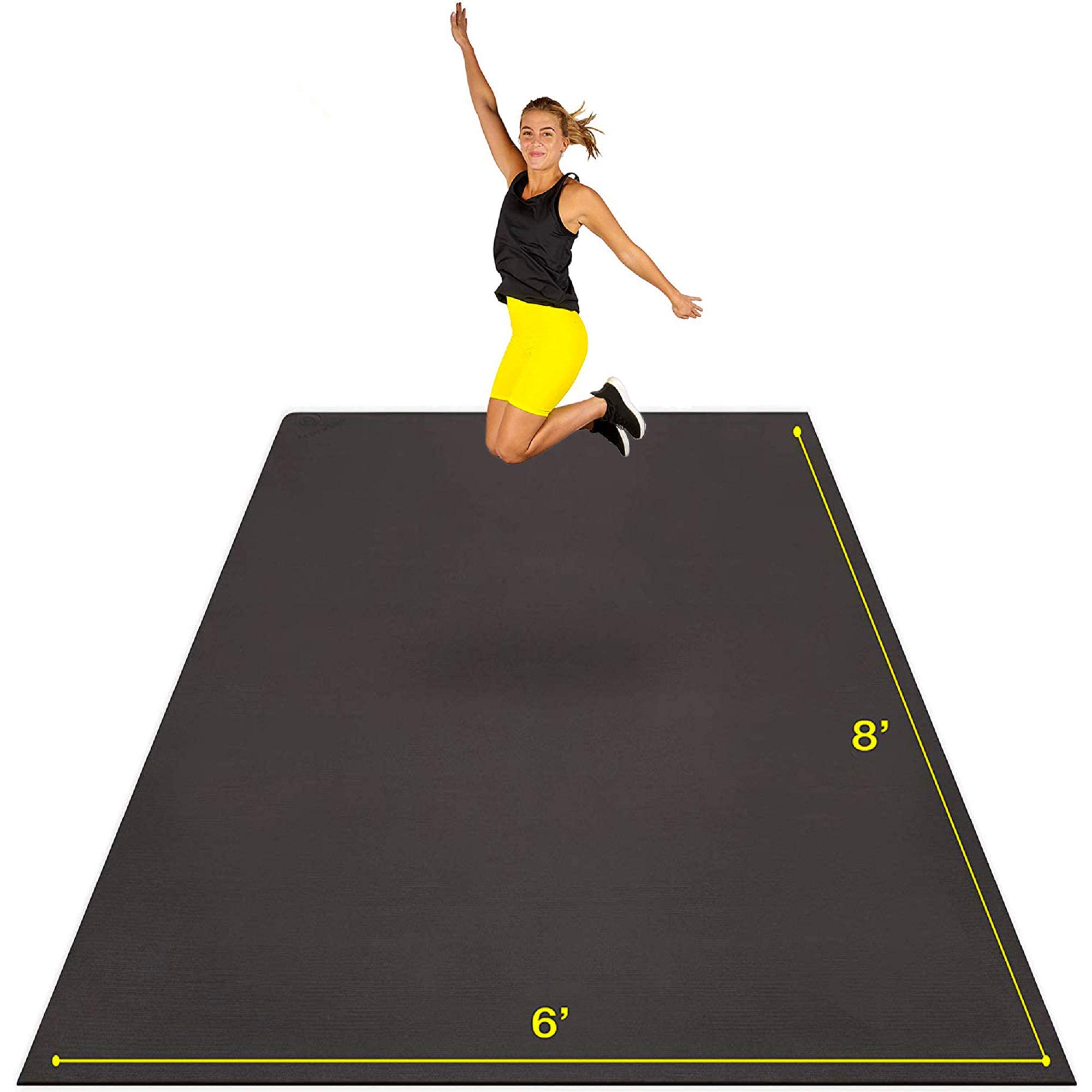 Large Exercise Mat 8' x 6' x 7mm | Ultra-Durable Non-Slip Rubber Workout Mat for Home Gym Flooring | Ideal for Cardio, Fitness, Plyo, MMA and Yoga | Jump Rope and Storage Bag Included - Black