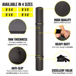 Large Exercise Mat 8' x 6' x 7mm | Ultra-Durable Non-Slip Rubber Workout Mat for Home Gym Flooring | Ideal for Cardio, Fitness, Plyo, MMA and Yoga | Jump Rope and Storage Bag Included - Black