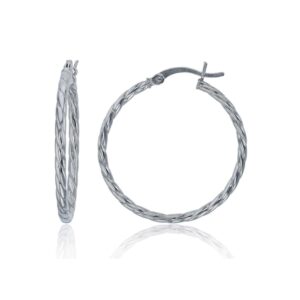 sterling silver polished twisted hoop earrings for women | 2x30mm round hoop earrings | secure snap bar closure | shiny classic earrings