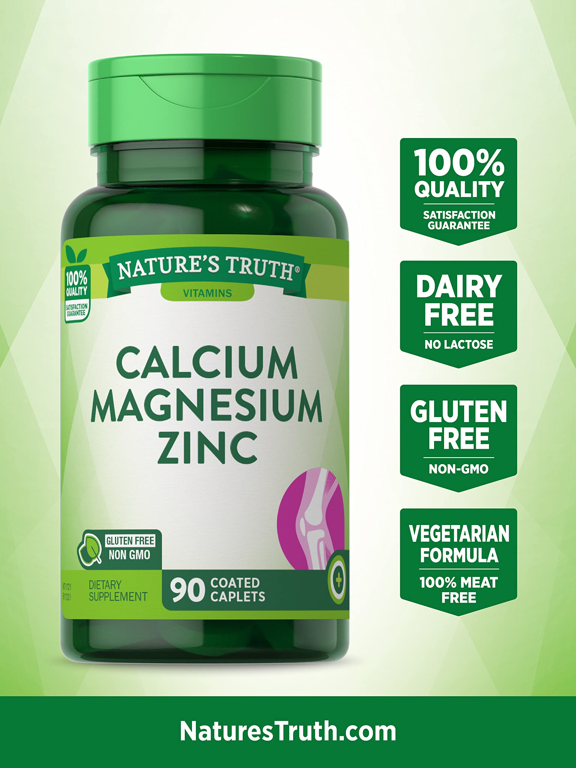 Calcium Magnesium Zinc Supplement | 90 Caplets | Non-GMO and Gluten Free | by Nature's Truth