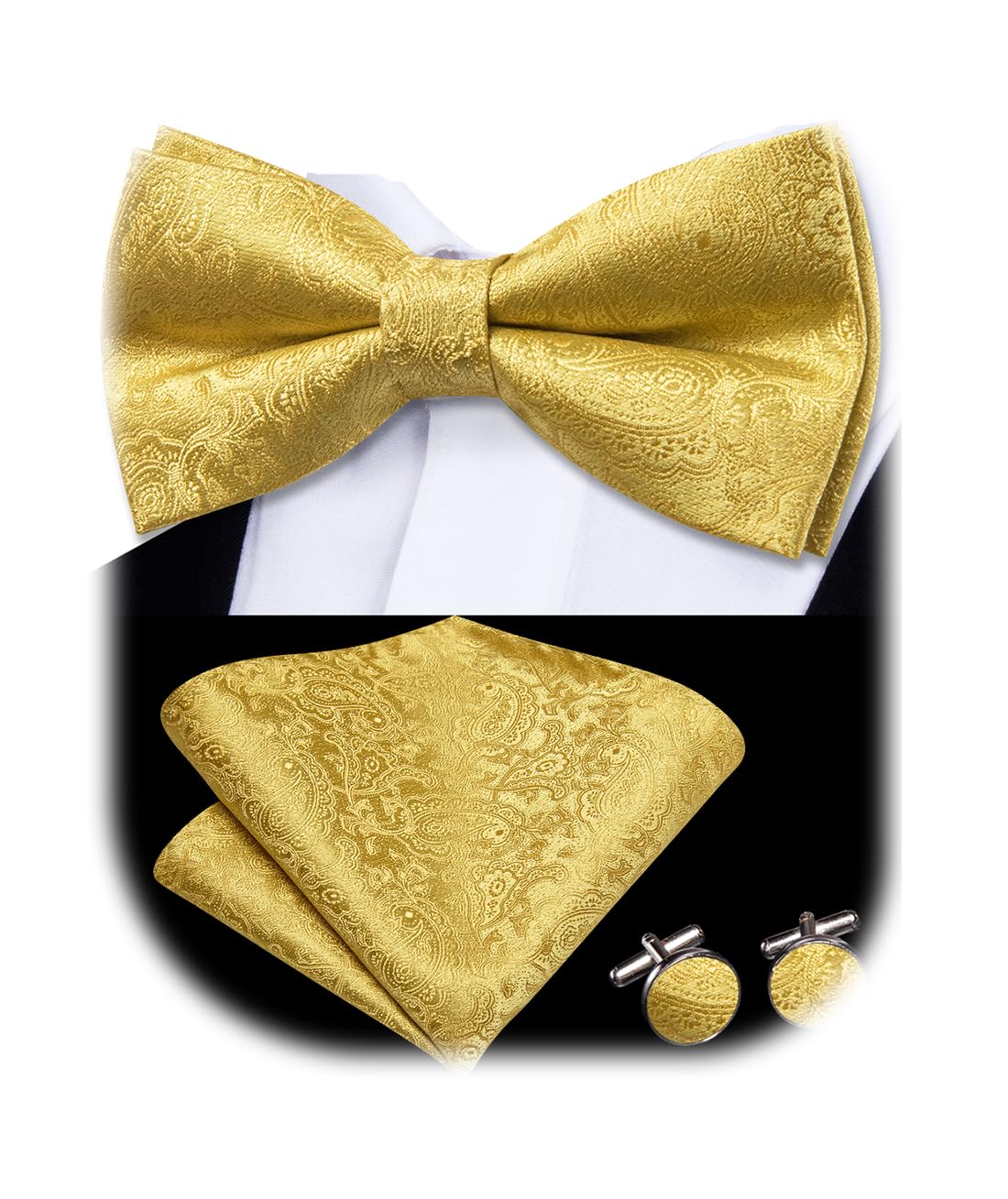 Dubulle Mens Pre-tied Bowtie and Pocket Square Set Paisley/Striped/Checks Bowties for Men,A Gold