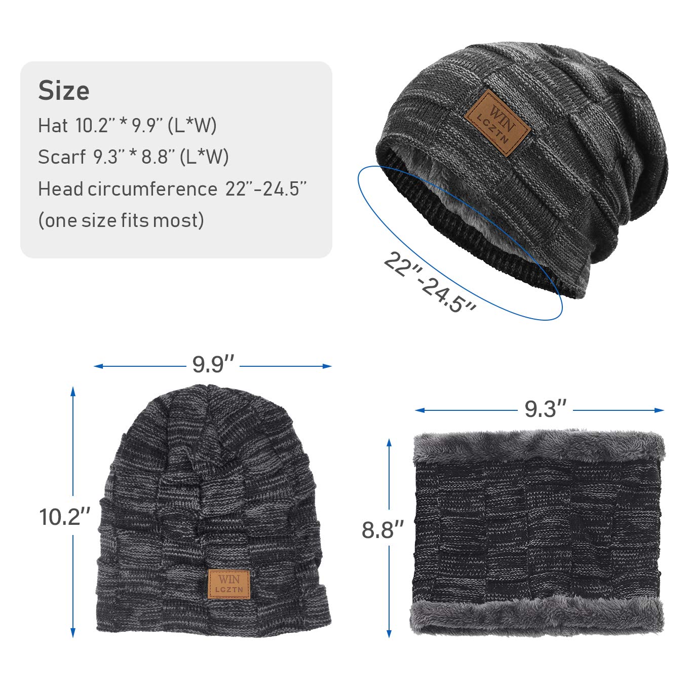 LCZTN Mens Winter Beanie Hat Scarf Set Warm Fleece Lined Knit Ski Hats Slouchy Skull Cap for Unisex Gift (Black)