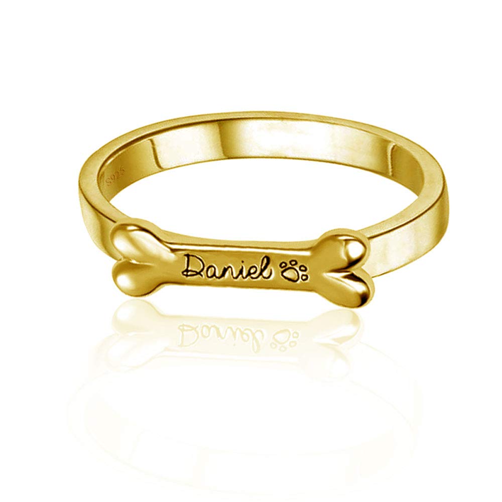 Funcok Personalized S925 Gold Plated Bone Shape Dog Paw Custom Name Ring for Women Jewelry