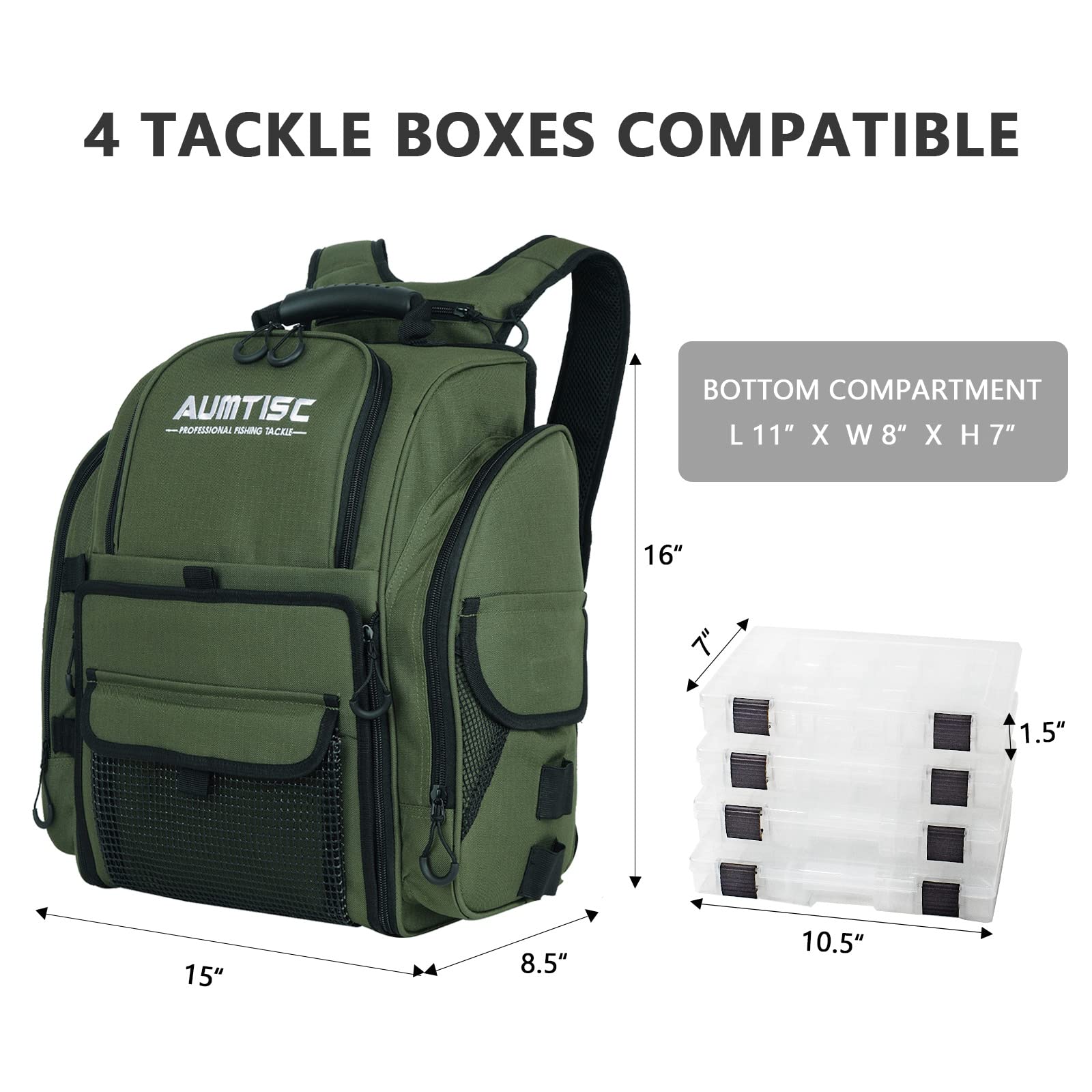 AUMTISC Fishing Tackle Backpack with 4 Tackle Boxes, Rod Holder, Protective Rain Cover, Waterproof Large Fishing Tackle Gear Bag for Fishing, Camping, Hiking (Black, Green, Camouflage)