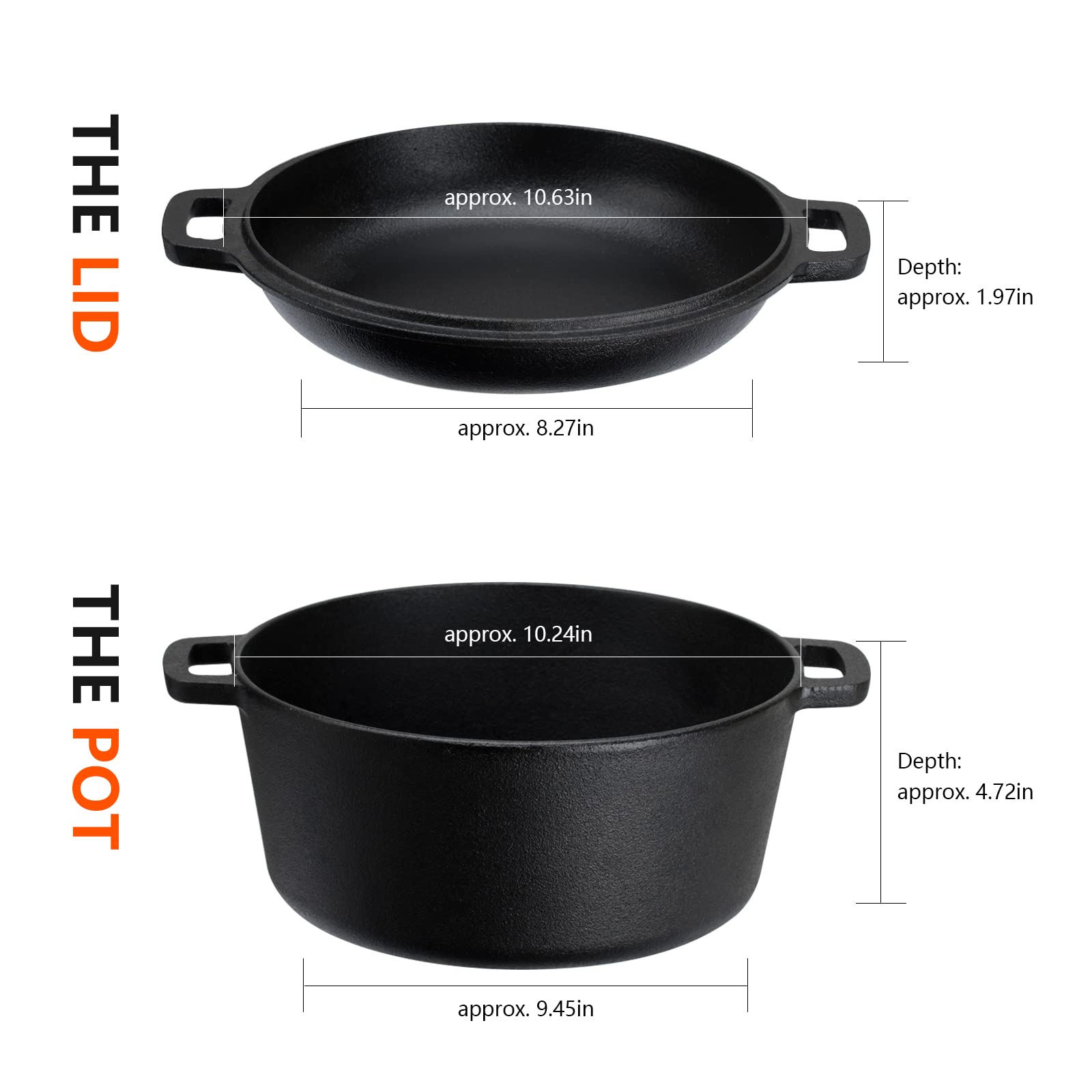 Overmont 2 in 1 Pre Seasoned Dutch Oven with Skillet Lid for Induction, Electric, Grill, Stovetop, BBQ, Camping (5 Quart)