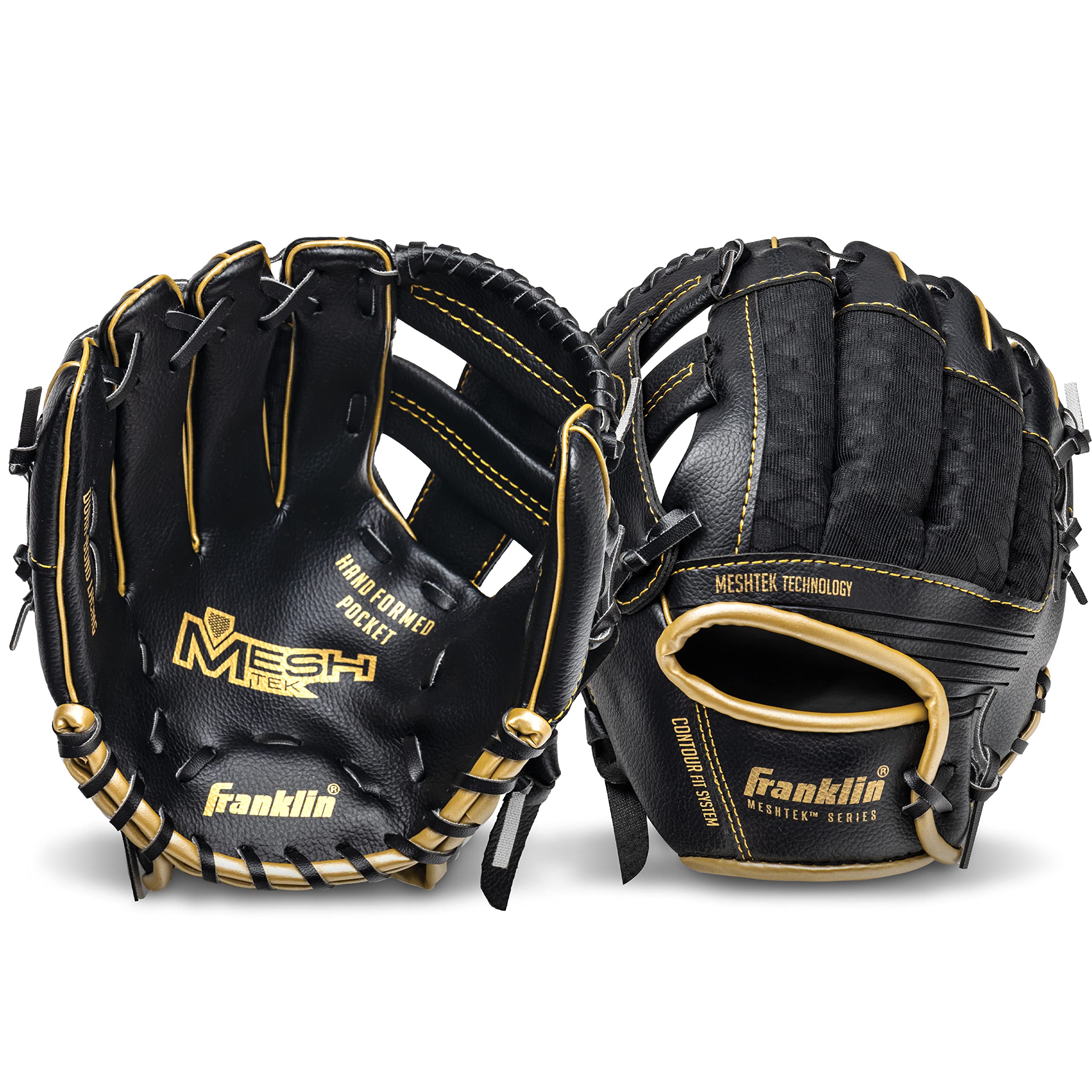 Franklin Sports Kids Baseball Gloves - Meshtek Child's Teeball Glove + Ball Set - Boys + Girls Teeball Mitt Set - Left Hand Throw - 9.5" - Black/Gold