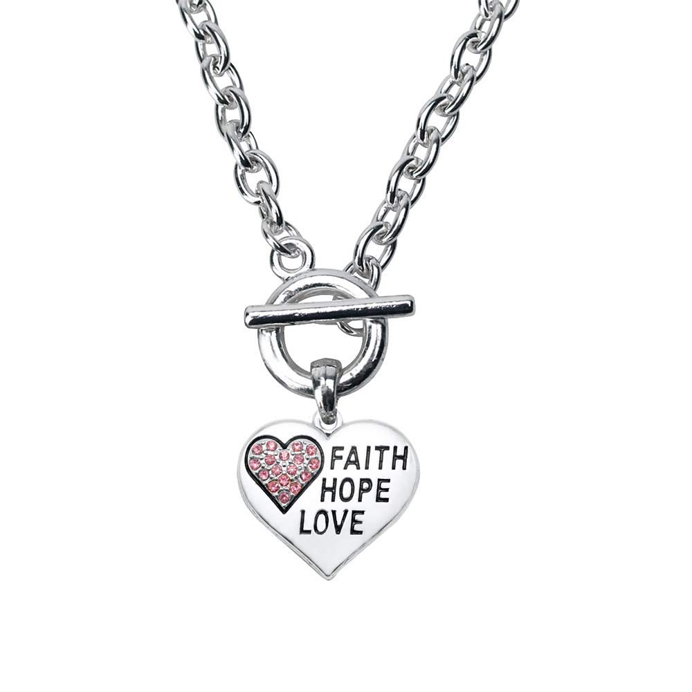 Inspired Silver - Faith Hope Love Heart Charm Toggle Charm Necklace for Women - Silver Customized Charm 18 Inch Necklace with Cubic Zirconia Jewelry