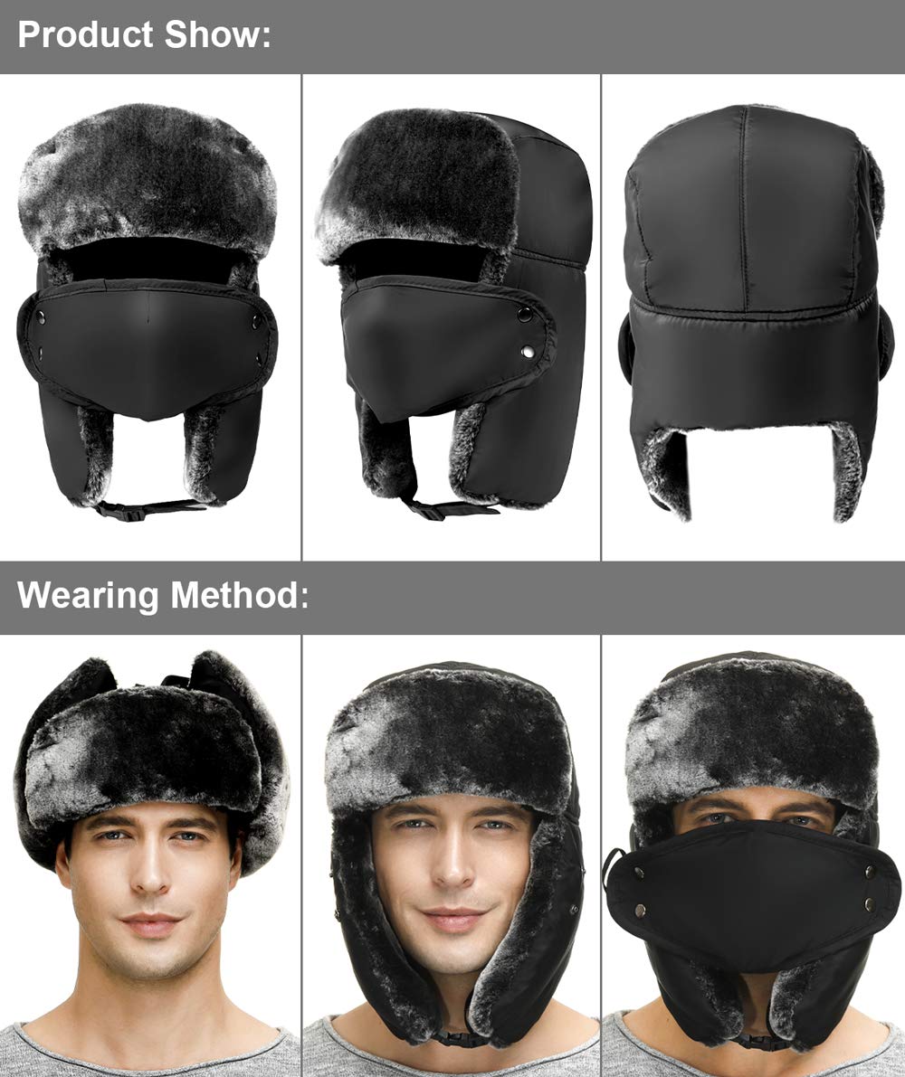 Trapper Hat Winter Hats for Men Trooper Hunting Ski Hat Women Ushanka Ear Flap Windproof Black