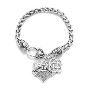 inspired silver - middle sista celtic knot braided bracelet for women - silver pave heart charm bracelet with cubic zirconia jewelry