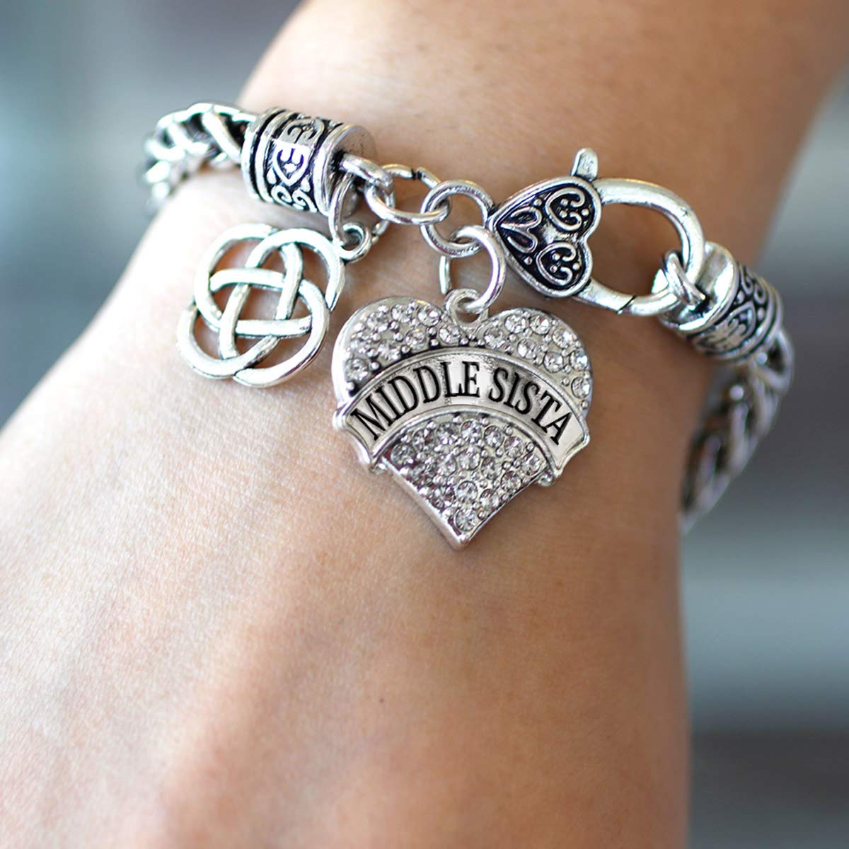 Inspired Silver - Middle Sista Celtic Knot Braided Bracelet for Women - Silver Pave Heart Charm Bracelet with Cubic Zirconia Jewelry