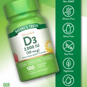 Nature's Truth Chewable Vitamin D3 2,000 IU | 100 Tablets | Berry Flavor | Vegetarian, Non-GMO, & Gluten Free Supplement