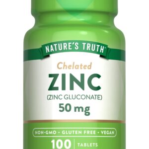 Nature's Truth Chelated Zinc 50mg | 100 Tablets | Essential Mineral Supplement | from Zinc Gluconate | Vegetarian, Non-GMO, Gluten Free