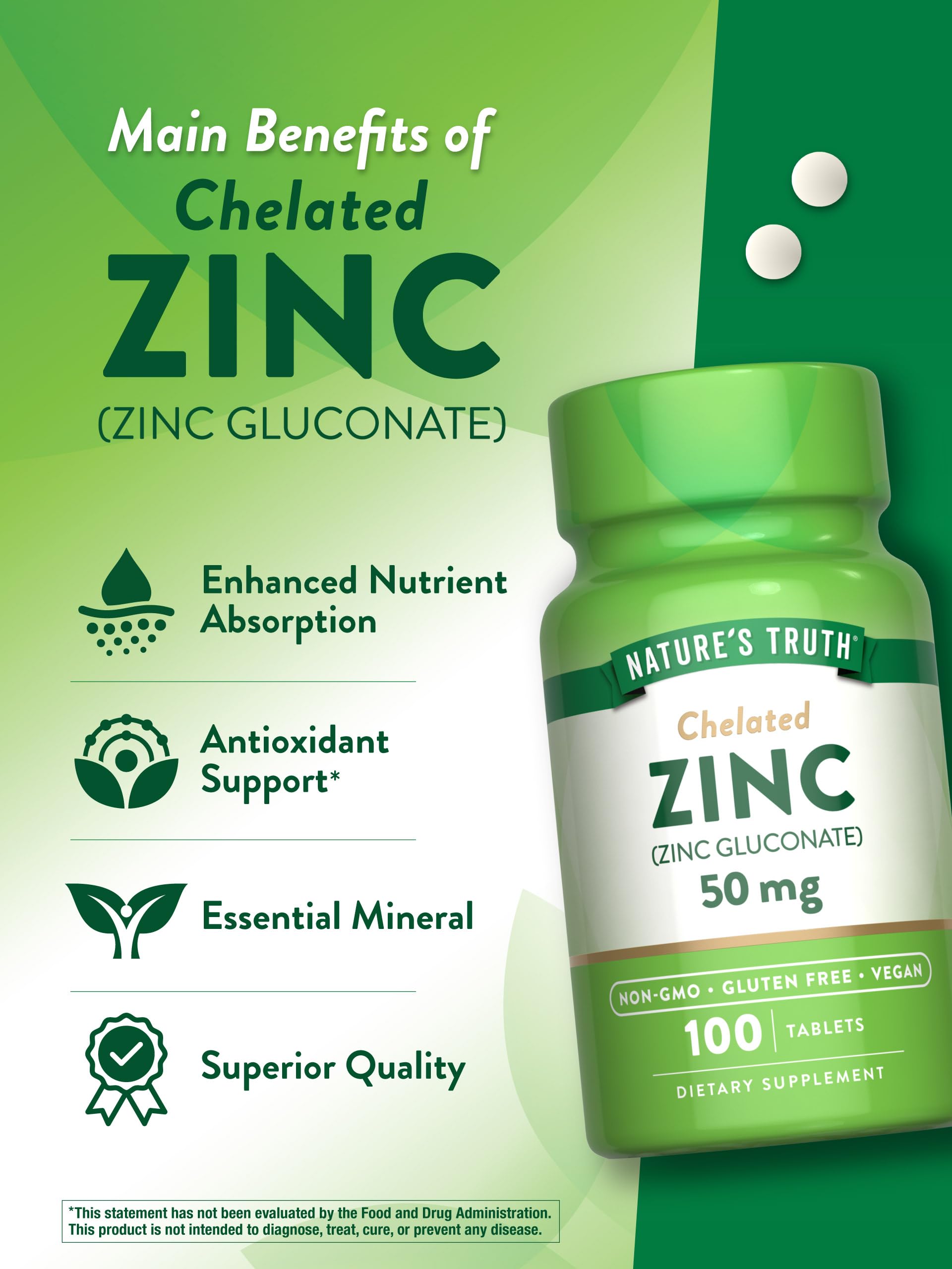 Nature's Truth Chelated Zinc 50mg | 100 Tablets | Essential Mineral Supplement | from Zinc Gluconate | Vegetarian, Non-GMO, Gluten Free